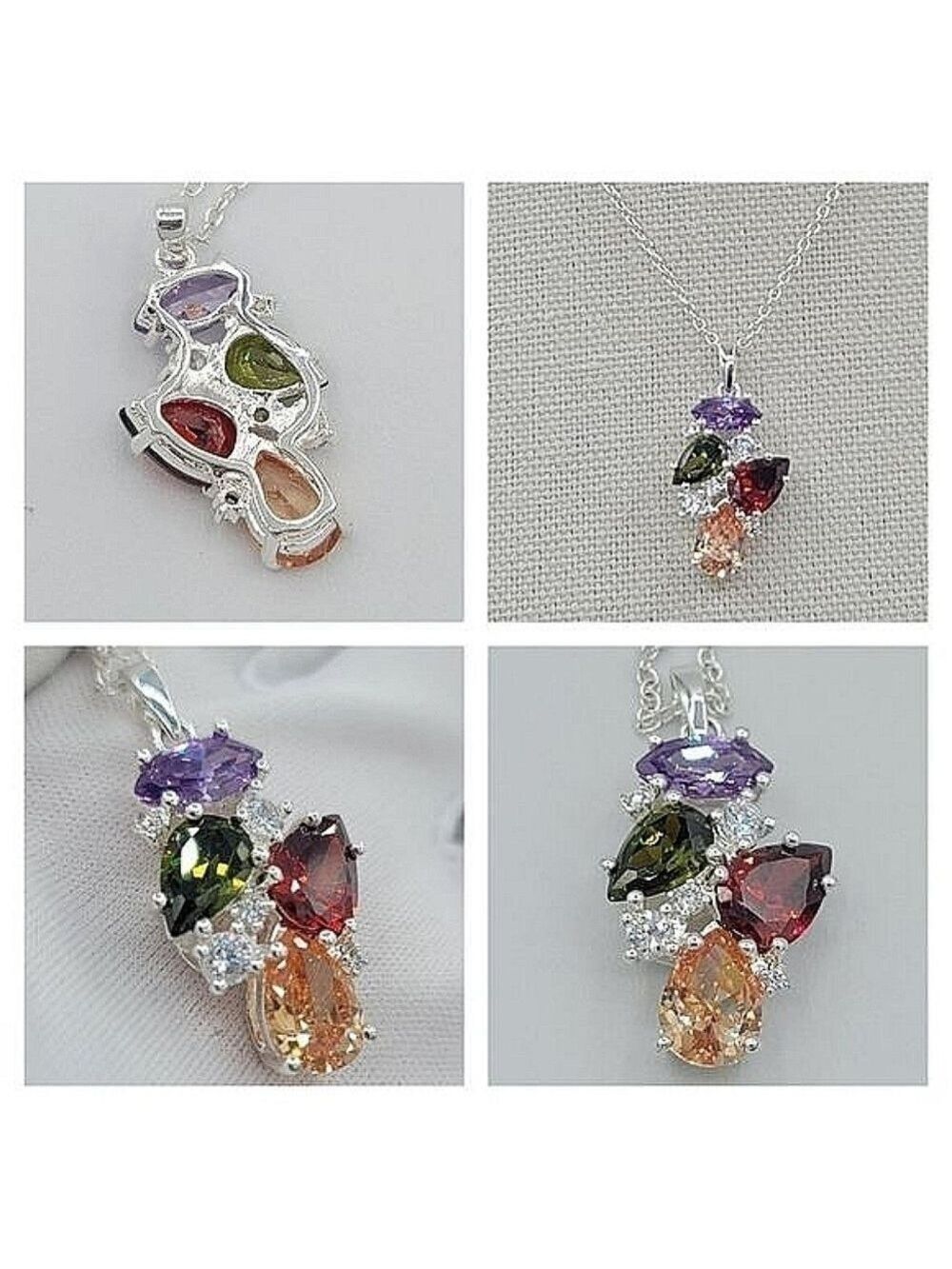 Necklace Multicolor Crystals Silver Tone Pendant With Chain & Extender #1035